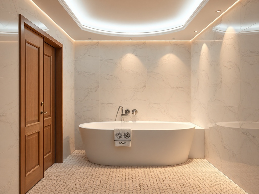 Современная ванная комната с круглой ванной и деревянной дверью, освещенная мягким светом.