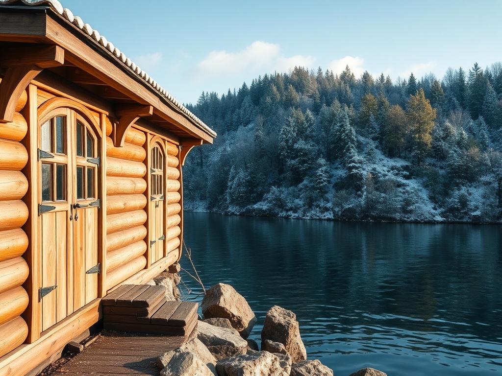 Деревянный домик на берегу реки, окруженный снежными лесами и спокойной водой.