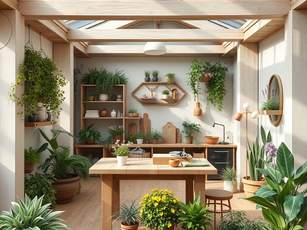 Светлое помещение с растениями, деревянной мебелью и уютной атмосферой. Стены украшены полками и вазами.