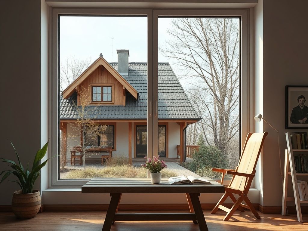 Светлое помещение с деревянной мебелью и окном, открывающим вид на дом и природу за ним.