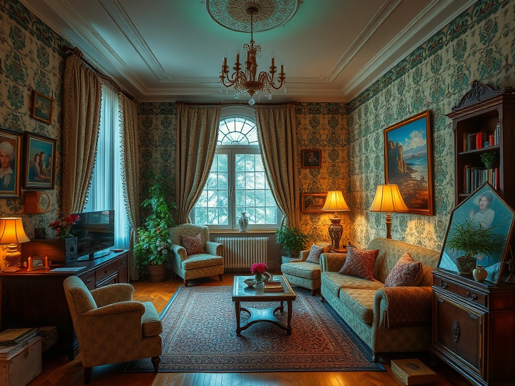 Уютная гостиная с зелеными обоями, мягкой мебелью и роскошной люстрой. Солнечный свет наполняет комнату.