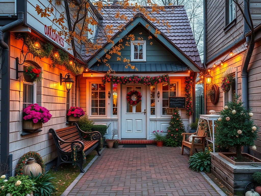 Красивая входная дверь с украшениями, цветами и мягким светом в уютном загородном доме.