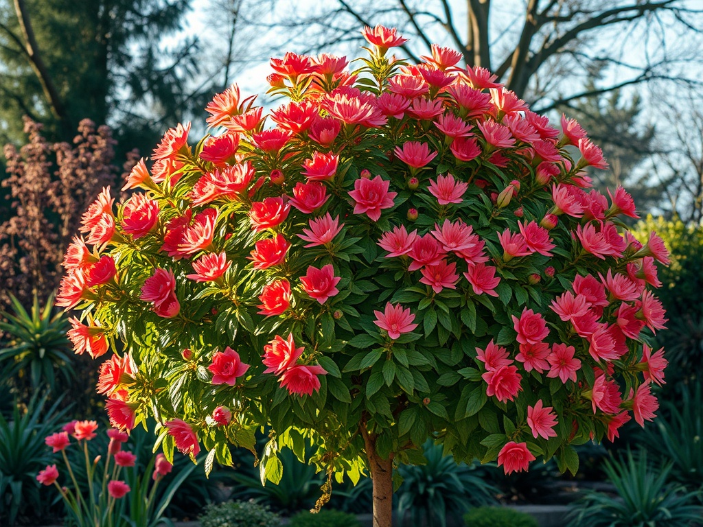 Цветущее дерево с ярко-розовыми цветами на фоне зеленого сада в солнечный день.