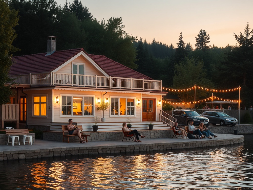 Красивый дом у воды с людьми, наслаждающимися вечером, огнями и отражением в воде.