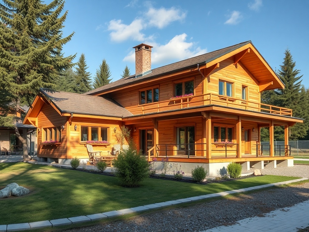 Современный деревянный дом с большими окнами, окружённый зеленью и ухоженным двором.