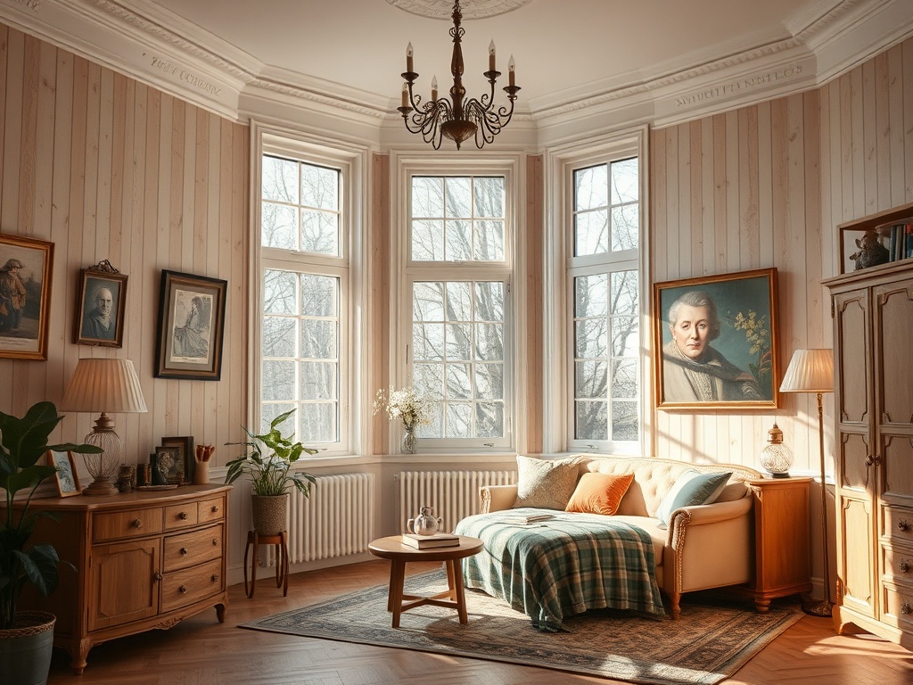 Светлая комната с большими окнами, мягким диваном и картинами на стенах, уютная обстановка.