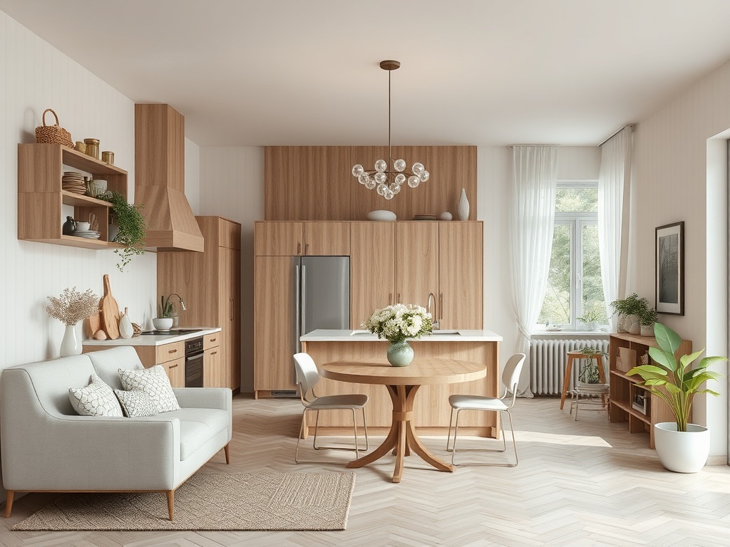 Светлая кухня в современном стиле с деревянными шкафами, круглым столом и мягким диваном. Простор и уют.