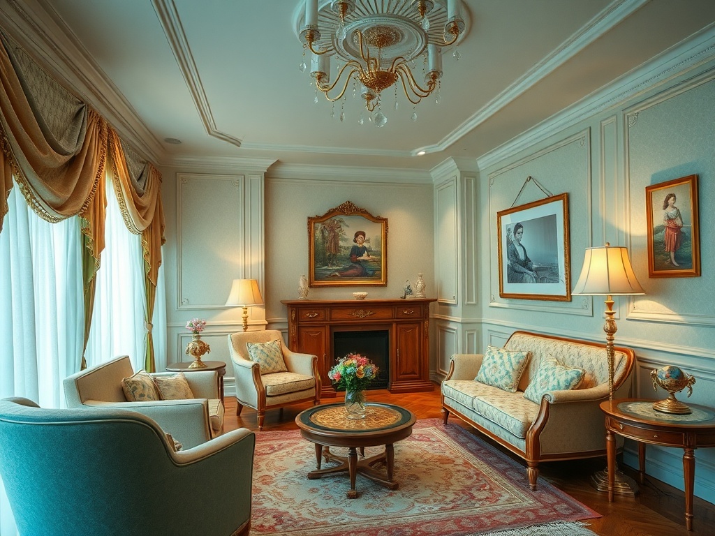 Элегантная гостиная с ярким освещением, мягкой мебелью и художественными картинами на стенах.