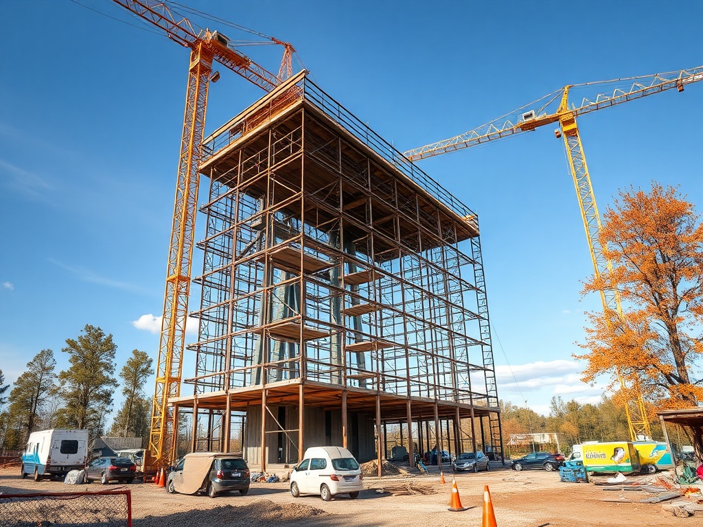 Строительный объект с высотным каркасом и кранами на фоне голубого неба и деревьев.