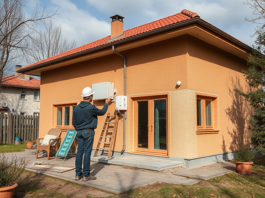 Рабочий устанавливает оборудование на стене дома с террасой и лестницей на фоне ясного неба.