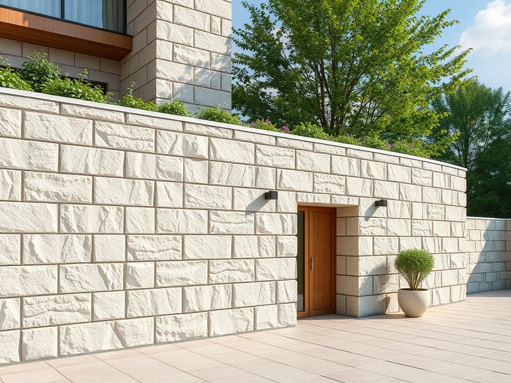 Современный фасад с каменной стеной, дверью и зелеными растениями на крыше. Светлое и просторное окружение.