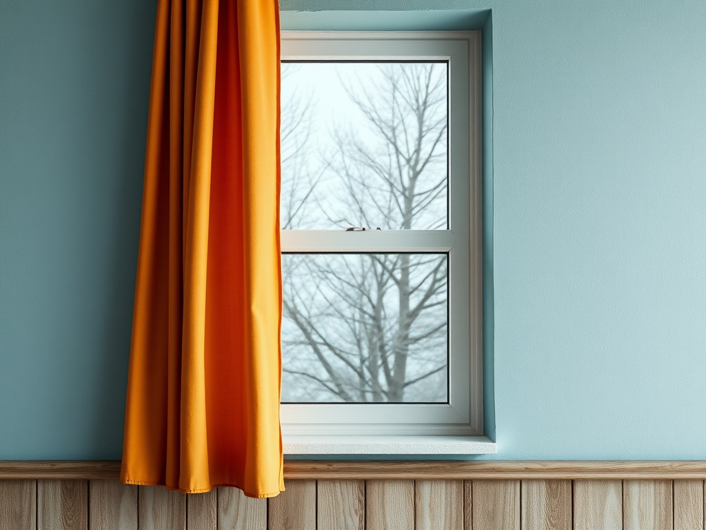 Окно с желтыми занавесками, за которым видны деревья в зимний день. Стены голубого цвета.