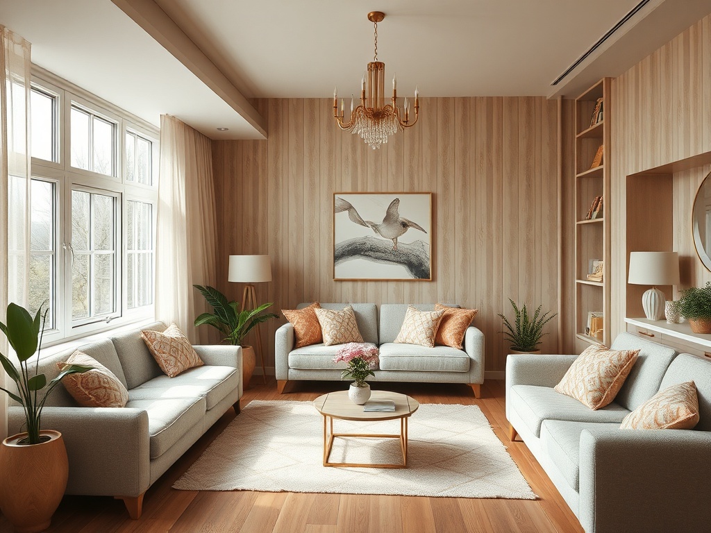 Современный светлый интерьер с мягкими диванами, столом и картинами, окружённый растениями и уютными деталями.