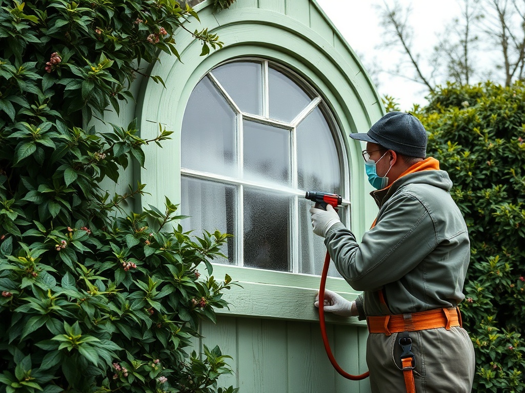Человек очищает окно зеленого дома, используя распылитель, окруженный растительностью.