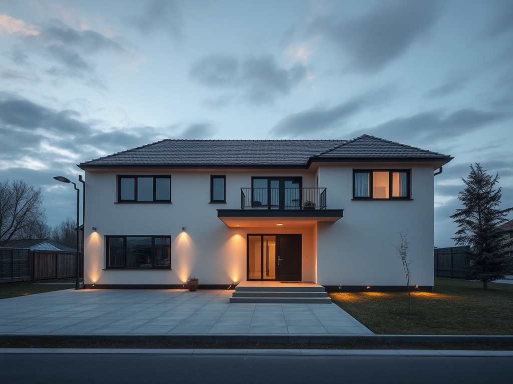 Современный дом с освещенным фасадом, большими окнами и балконом на фоне вечернего неба.