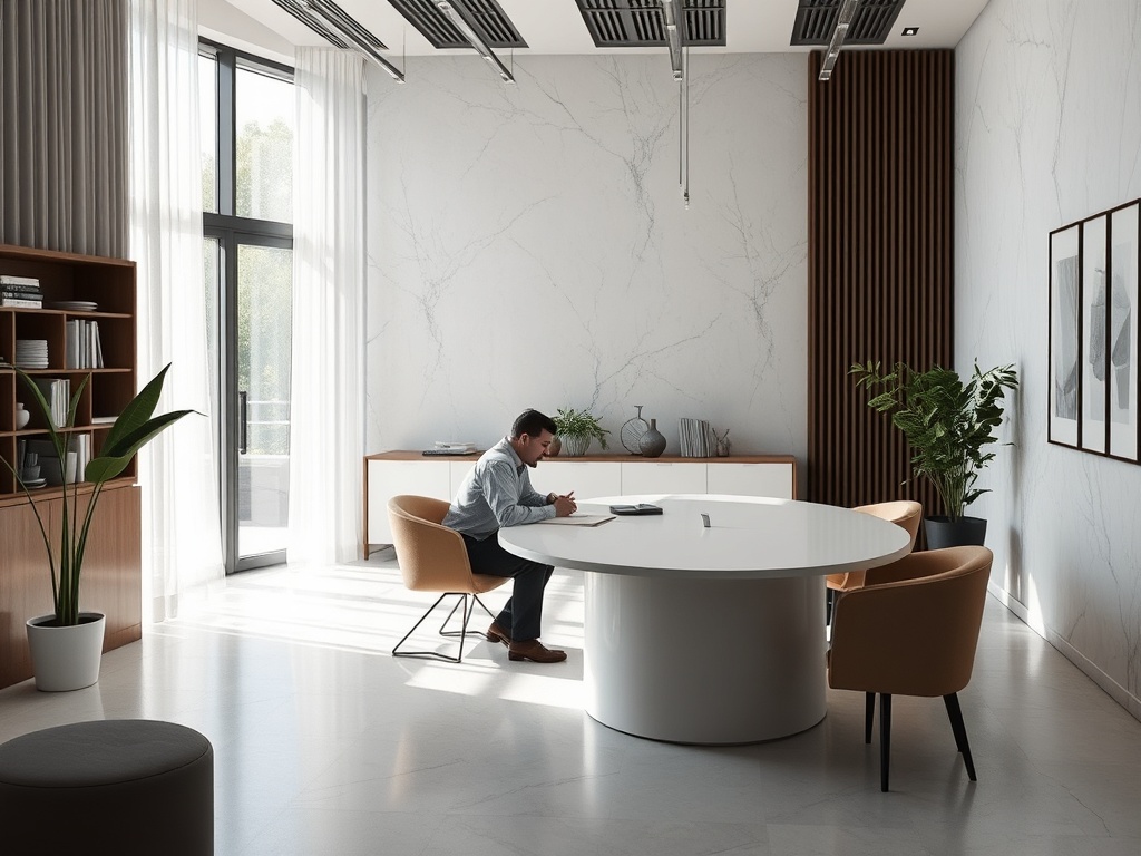 В современном офисе мужчина сидит за круглым столом, работает в спокойной обстановке, окружённый растениями.