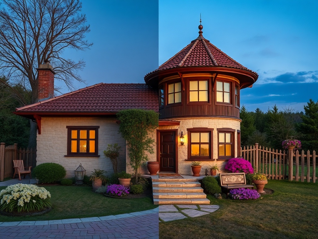 Красивая загородная вилла с круглой башней, окружённая зеленью и цветами, на фоне вечернего неба.