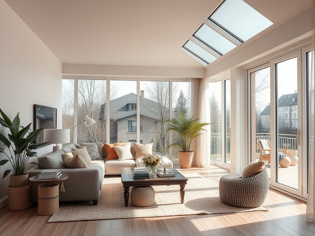 Светлая гостиная с большими окнами, уютной мебелью и зелеными растениями, ведущая на открытую террасу.