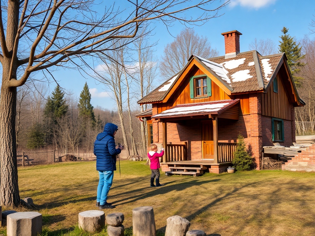 На снимке — домик в природе и двое людей, один из которых фотографирует. Весенний день с облаками.