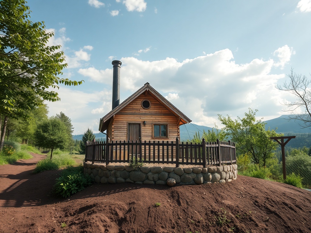Деревянный домик на фоне зелени и голубого неба, окружённый забором и красивым ландшафтом.