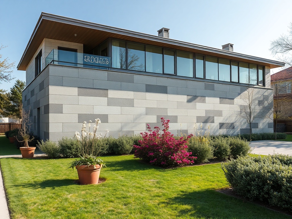 Современный дом с большими окнами и ухоженным садом перед ним, украшенным цветами и кустами.