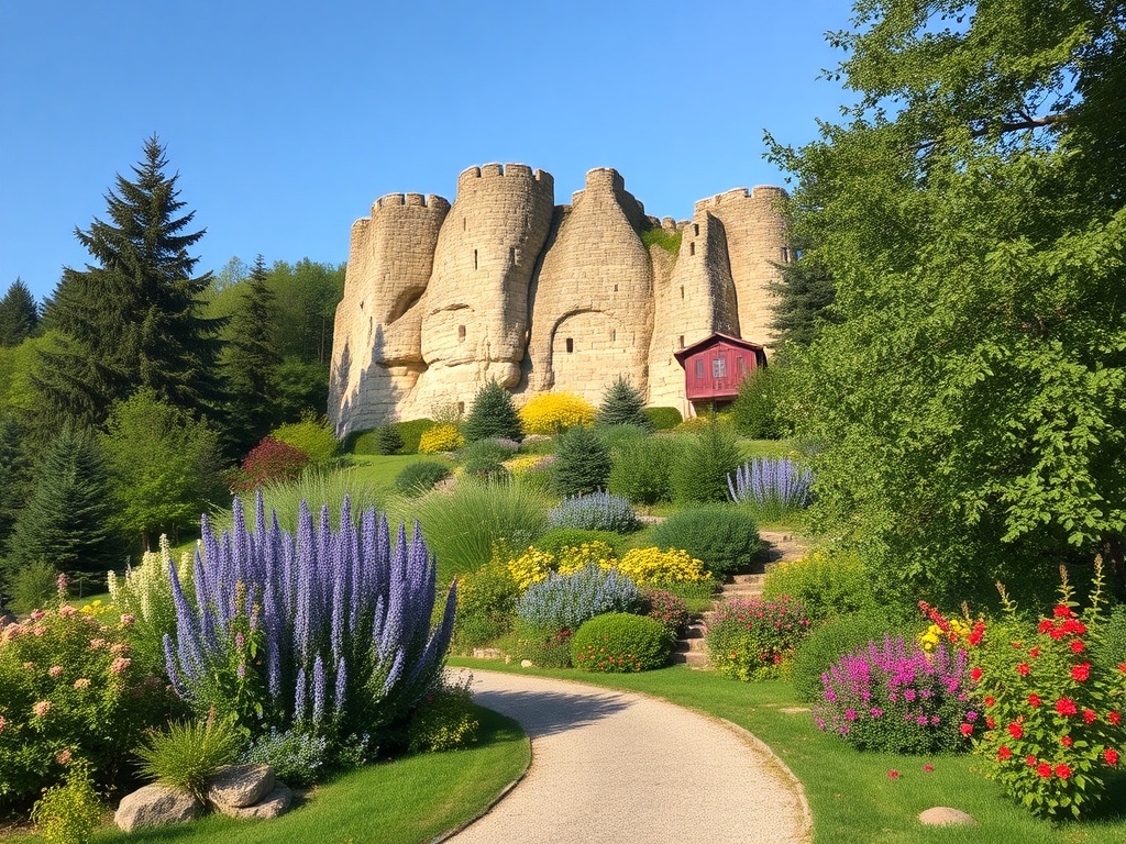 Замок на холме окружён цветущими кустами и деревьями, рядом уютный красный домик.