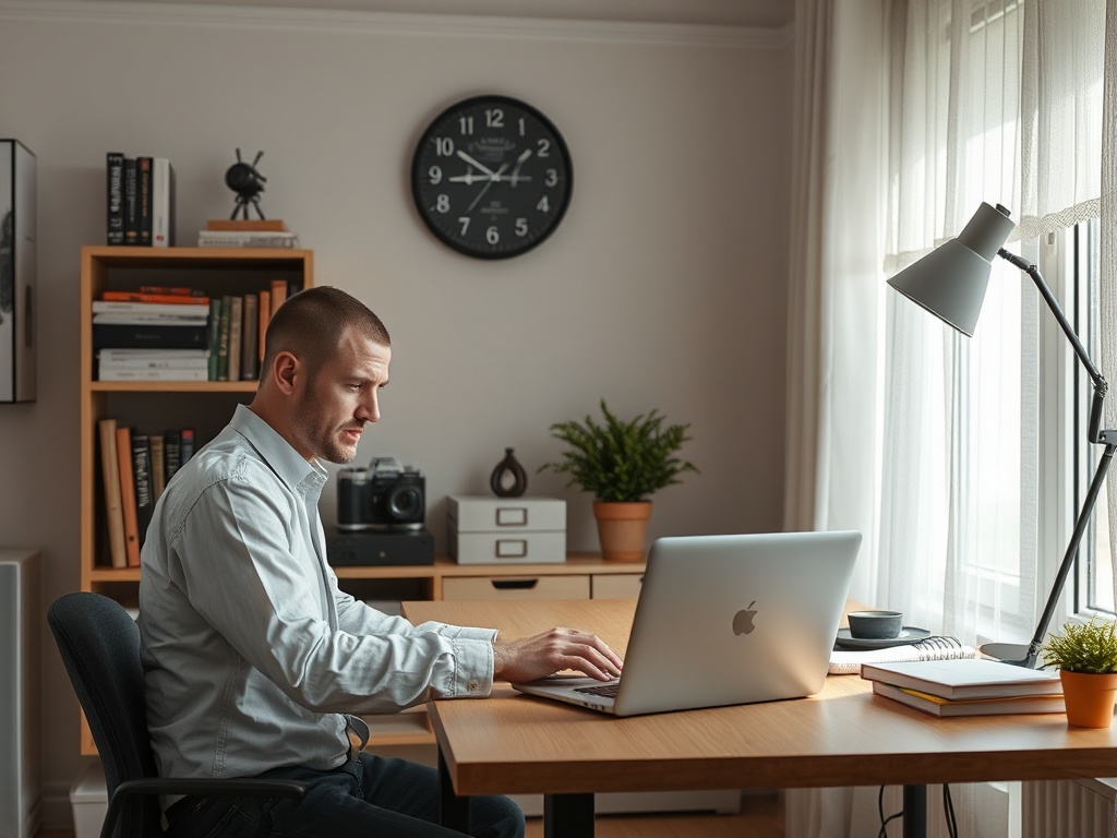 Мужчина работает за столом в уютном офисе с ноутбуком, книгами и зелеными растениями. Часы на стене.