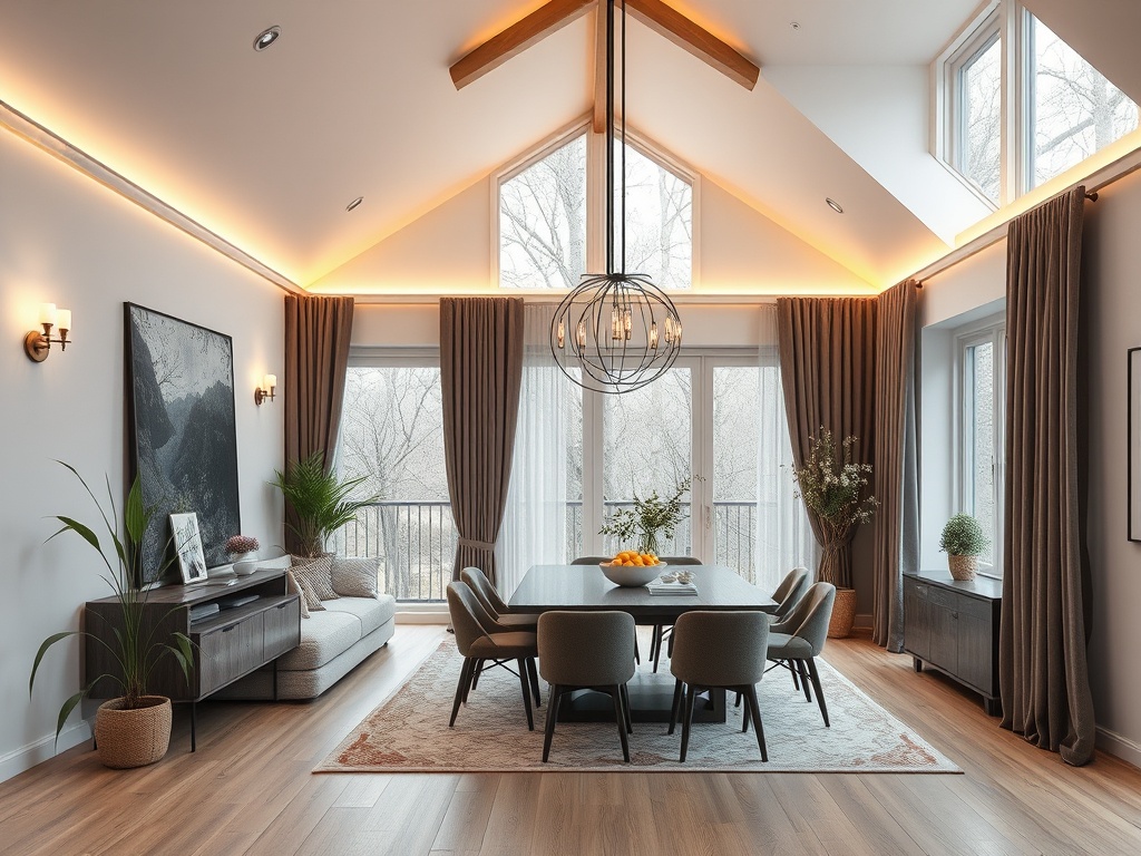 Современный интерьер с большим окном, столом и мягкой мебелью, оформленный в светлых тонах и естественном свете.