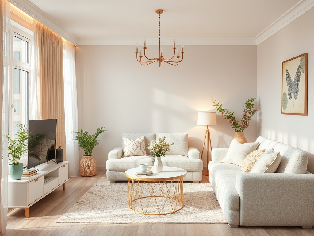 Светлая гостиная с уютной мебелью, растениями и круглым кофейным столиком в теплых тонах.