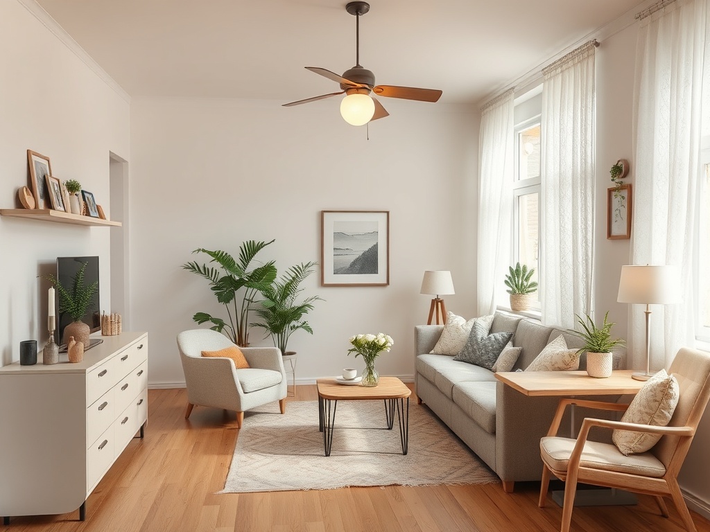 Современная гостиная с мягкой мебелью, растениями и светлыми занавесками. Теплая и уютная атмосфера.